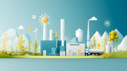 Sustainable energy plant in rural landscape with mountains and trees