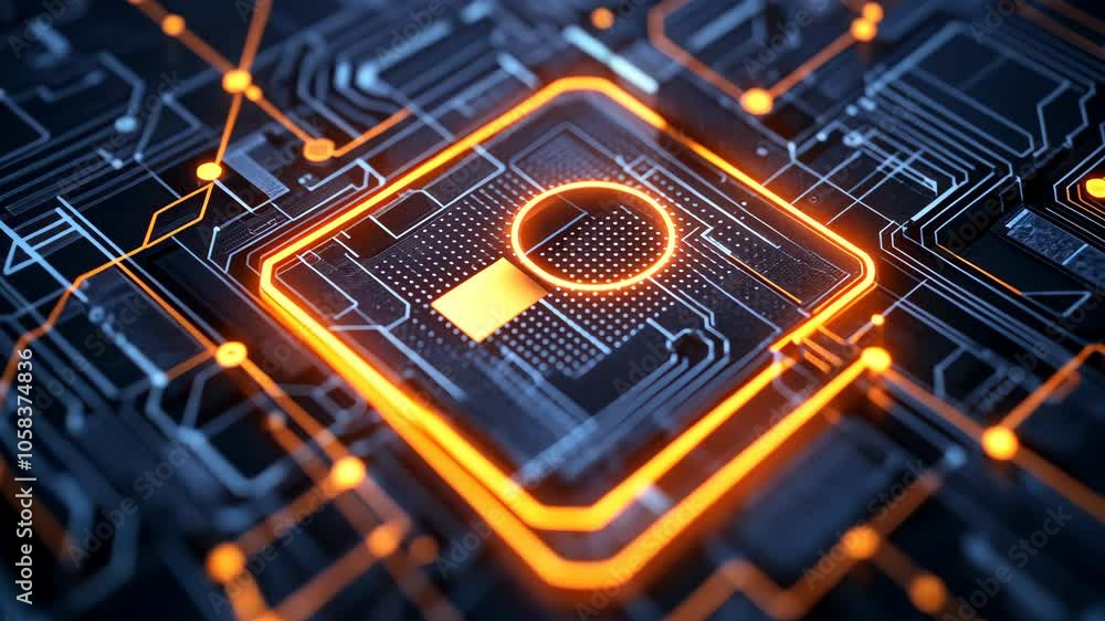 Poster an orange-lit microchip sits in the center of a complex circuit board, surrounded by intricate lines