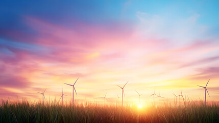 Fototapeta premium serene wind farm at sunrise, surrounded by lush grass and vibrant skies