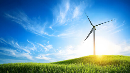 Fototapeta premium wind turbine stands tall on grassy hill under bright blue sky