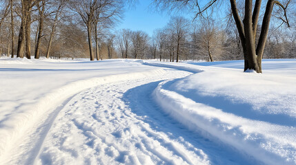 Obraz premium The cold of winter grips the park as snow blankets the ground and the icy air bites at the landscape while the bare trees add to the quiet stillness.