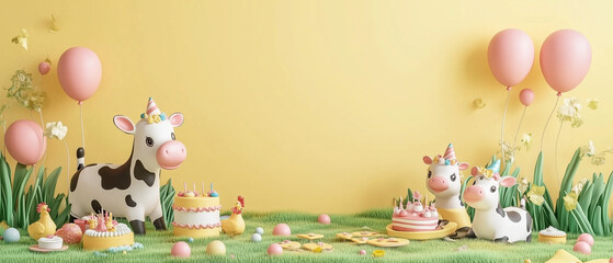 Fototapeta premium Festive Cow Birthday Party with Balloons and Cake.