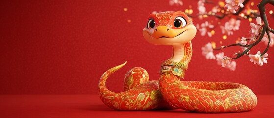 A charming Chinese snake set against a red background with a festive vibe. The snake has gold decorations and patterns on its body, large expressive eyes, a smiling face with two visible fangs