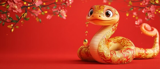 Fototapeta premium A charming Chinese snake set against a red background with a festive vibe. The snake has gold decorations and patterns on its body, large expressive eyes, a smiling face with two visible fangs