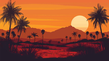 A desert oasis with palm trees. silhouette illustration