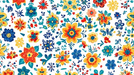 Fototapeta premium Bright and cheerful hand painted floral pattern perfect for textile design, wrapping paper, and wallpaper Smooth Blue Background with Copy Space for Advertisements