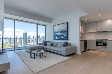 Fototapeta premium Sunlit City Living: Luxury Interior Design for Modern Living Room with Stunning Views