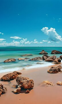 Beach with rocks and sea, in the background there is landscape, clear sky, daylight, bright colors, summer vibes, beautiful scenery,



