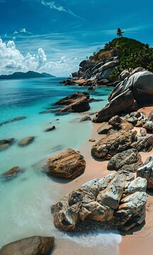 Beach with rocks and sea, in the background there is landscape, clear sky, daylight, bright colors, summer vibes, beautiful scenery,


