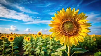 Bright yellow sunflower petals surrounded by dark green leaves on a sturdy stem in a field with a blue sky background, yellow, landscape, field