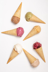 Ice cream cones of different flavors, assorted, homemade natural ice cream