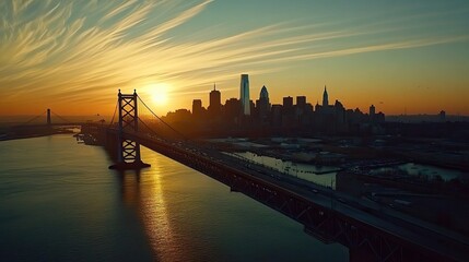 Obraz premium Aerial view of Ben Franklin Bridge and Philadelphia skyline at sunset. Ben Franklin Bridge is a suspension bridge connecting Philadelphia and Camden,