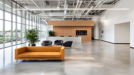 Modern office reception area with stylish furniture and abundant natural light for a welcoming environment