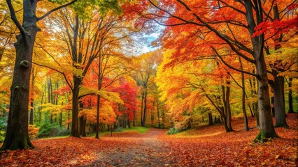 Fototapeta premium Autumn forest scene with vibrant fall leaves changing colors, nature, yellow