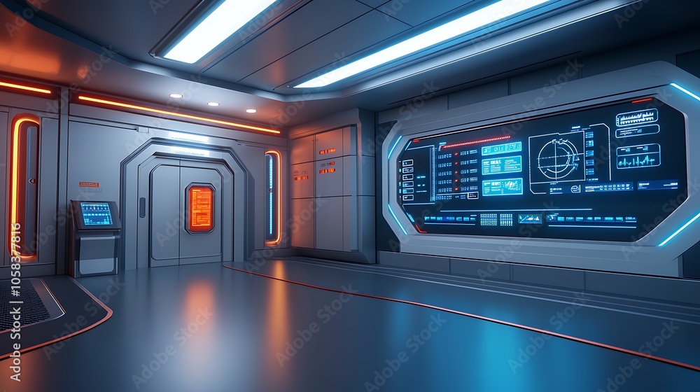 Poster futuristic control room with high-tech screens and ambient lighting in a sci-fi environment