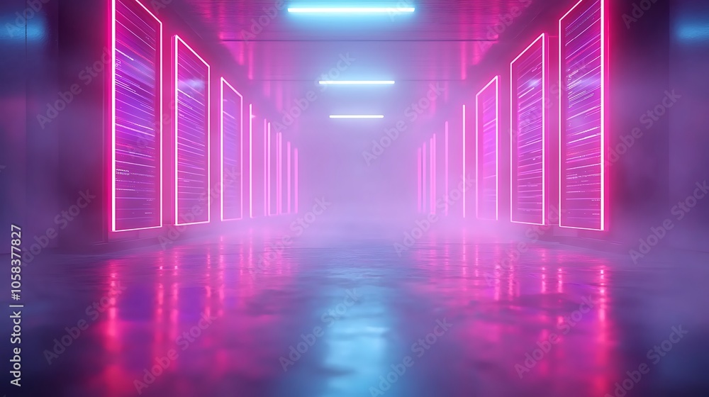 Poster exploring a futuristic neon corridor surrounded by haze and vibrant colors in a high-tech environmen