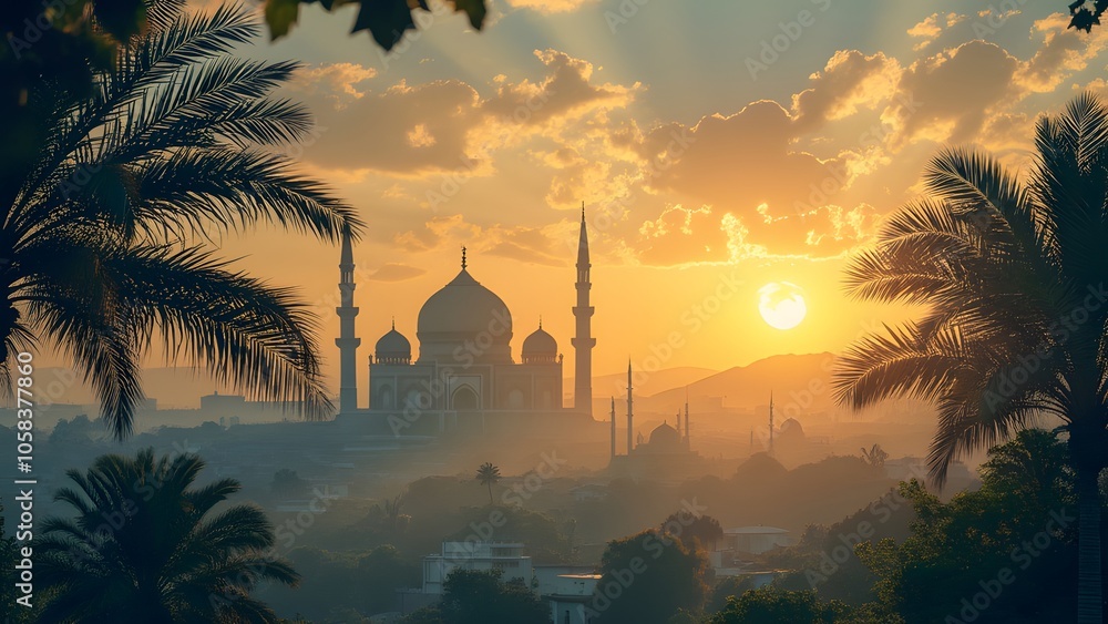 Aufkleber ramadan kareem's background with mosque and crescent moon. 3d rendering generated by ai