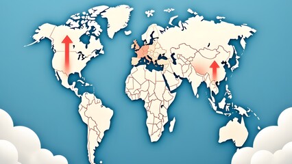 Highly rendering of a map of the world with clouds and arrows generated by AI