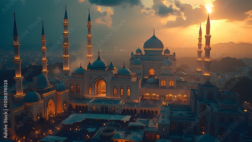 Aufkleber ramadan kareem's background with mosque and crescent moon. 3d rendering generated by ai