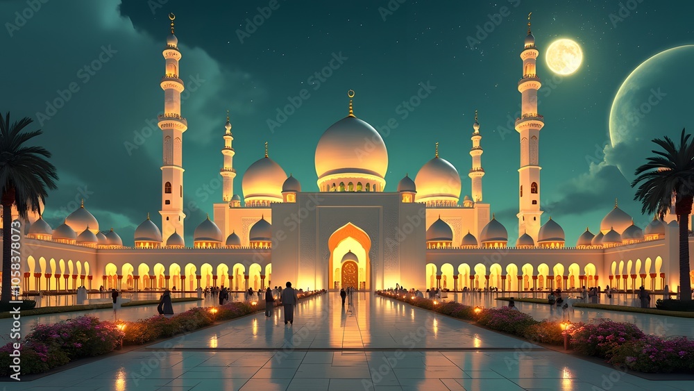 Aufkleber ramadan kareem's background with mosque and crescent moon. 3d rendering generated by ai