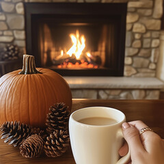 Cozy autumn scene featuring a pumpkin, pinecones, and someone holding a white ceramic mug by a warm fireplace, creating a quintessential fall atmosphere.
