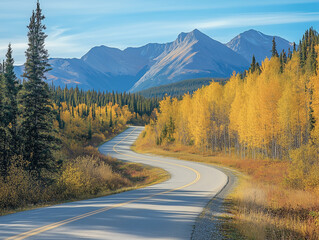 A winding mountain road cuts through vibrant golden aspen trees and evergreen forest, leading toward snow-capped mountain peaks under a clear blue sky.