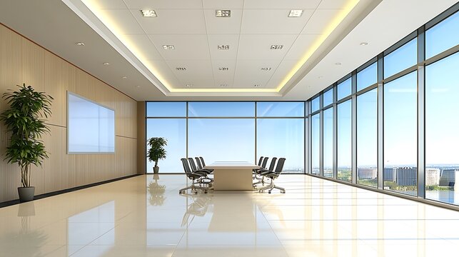 Modern office interior featuring large windows and minimalist design with conference table and plants