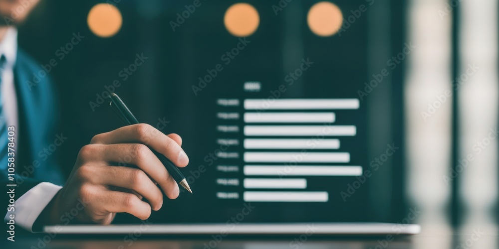 Poster a businessman examines data on a tablet, showcasing graphs and statistics with a professional appear
