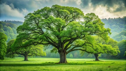 Aged oak trees standing solitary amidst vast expanse of emerald green forest, nature, outdoor settings, forest, oak tree