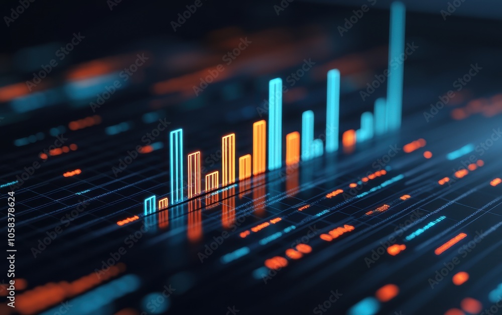 Poster a vibrant digital graph shows data trends with colorful bars and lines, representing analytics and p
