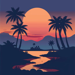 A desert oasis with palm trees. silhouette illustration