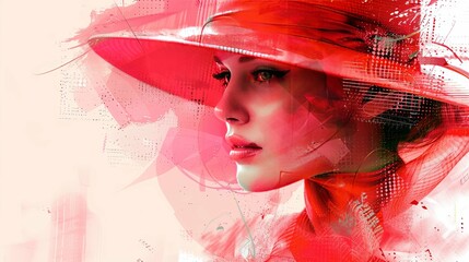 Woman in a Vibrant Red Hat Capturing the Essence of Horse Racing Fashion at the Melbourne Cup in Australia, Portrayed in Retro Vintage Digital Art