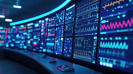 Futuristic control room with multiple screens displaying data and analytics.