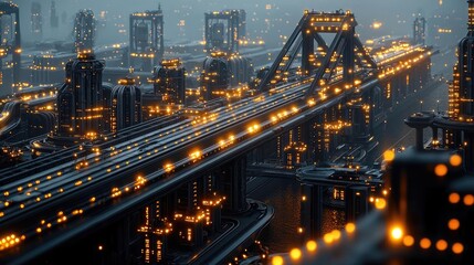 Obraz premium Futuristic cityscape with illuminated bridges and a network of lights at night
