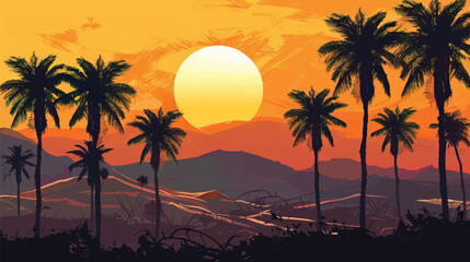 A desert oasis with palm trees. silhouette illustration
