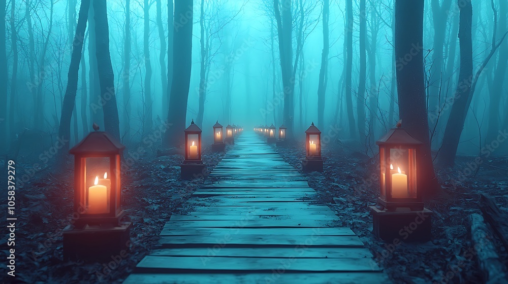 Poster mysterious pathway illuminated by lanterns in a foggy forest creating an enigmatic atmosphere for ex