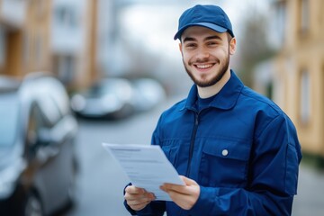 A cheerful delivery young man in a blue uniform holding a delivery list, depth of field
