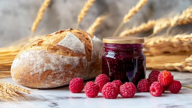Freshly baked artisan bread with raspberry jam and berries on a rustic table surrounded by wheat stalks