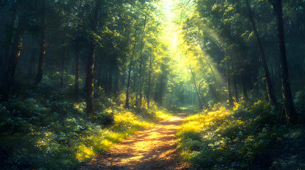 Narrow Pathway Winding Through a Dense Forest, Sunlight Filtering Through Leaves and Creating a Serene, Mystical Atmosphere
