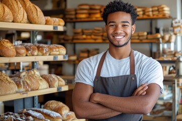 A cheerful young man wearing an apron stands confidently with his arms crossed inside a bakery