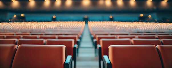 Fototapeta premium Empty auditorium with rows of seats and warm lighting, ideal for events.