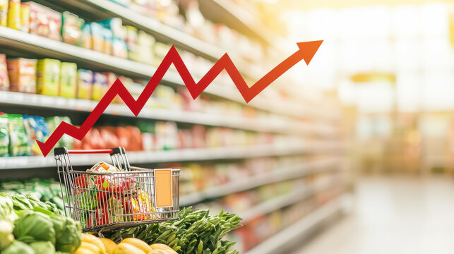 shopping cart filled with groceries in grocery aisle, with red upward trend line symbolizing growth and success. blurred background adds depth to scene