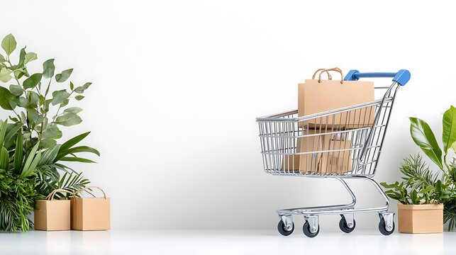 Shopping cart surrounded by lush greenery and eco-friendly packaging for a sustainable lifestyle
