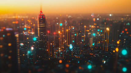 Fototapeta premium Smart digital Innovation city with connection network reciprocity over the cityscape. of future smart wireless digital city and social media networking systems that connects people with in city