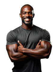 Smiling African American muscular athlete standing with arms crossed, sporting gray t-shirt, isolated on transparent background