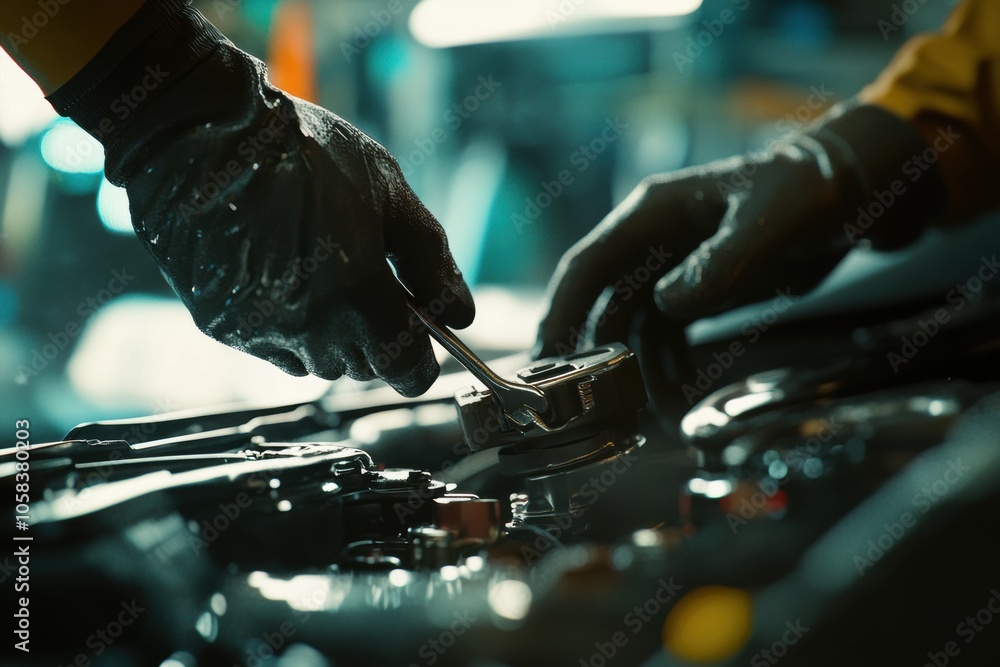Poster a close-up of mechanical gloved hands using a wrench to adjust a part under a car hood
