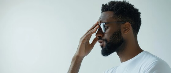 Male executive in deep thought, hand on forehead, white background, depicting mental fatigue in business