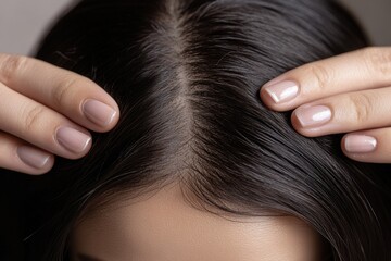 Obraz premium A close-up of a woman's hands gently touching the top of her scalp, showing her clean