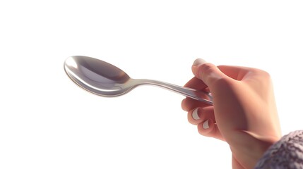 A human hand gripping a shiny metal spoon, isolated on a pure white background, with realistic reflections and textures.