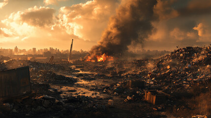 Obraz premium Dramatic Landfill Fire at Sunset